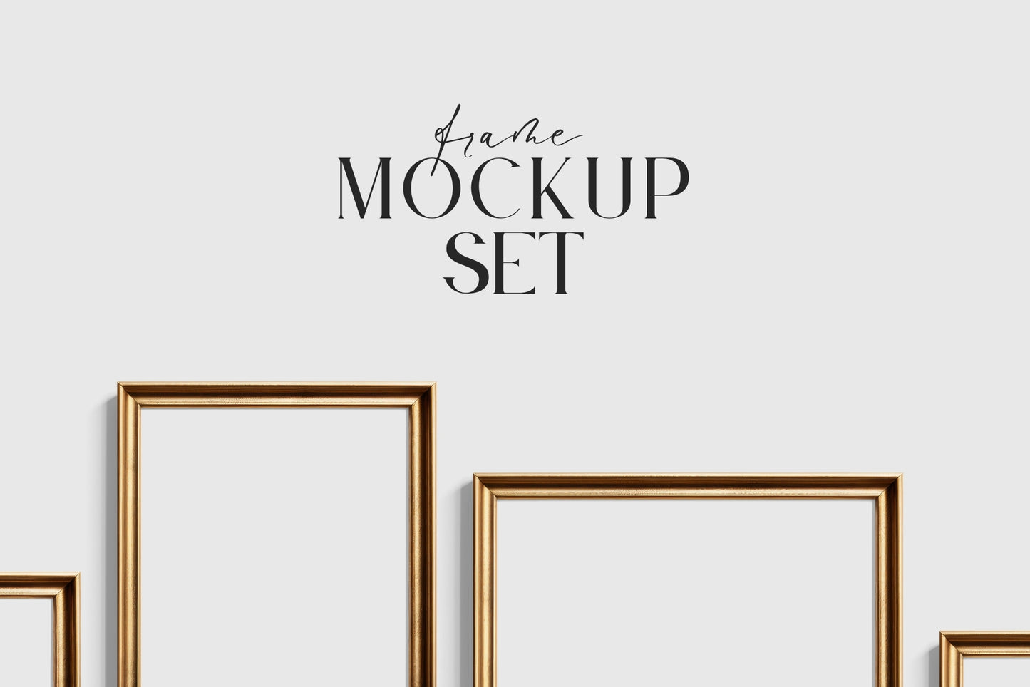 Gold Metallic Gallery Wall Mockup | Frame Mockup Set of 8 Vertical and Horizontal Frames A4, A3, A2 | Aspect Ratios 5:7 and 7:5 | Vintage Gold Frame Mockup Set | PSD Template + Transparent PNG Files