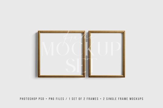 Gold Metallic Frame Mockup Set of 2 Frames 1:1 Square and 3:4 Vertical | Vintage Gold Frame Mockup Set | PSD Template + Transparent PNG Files