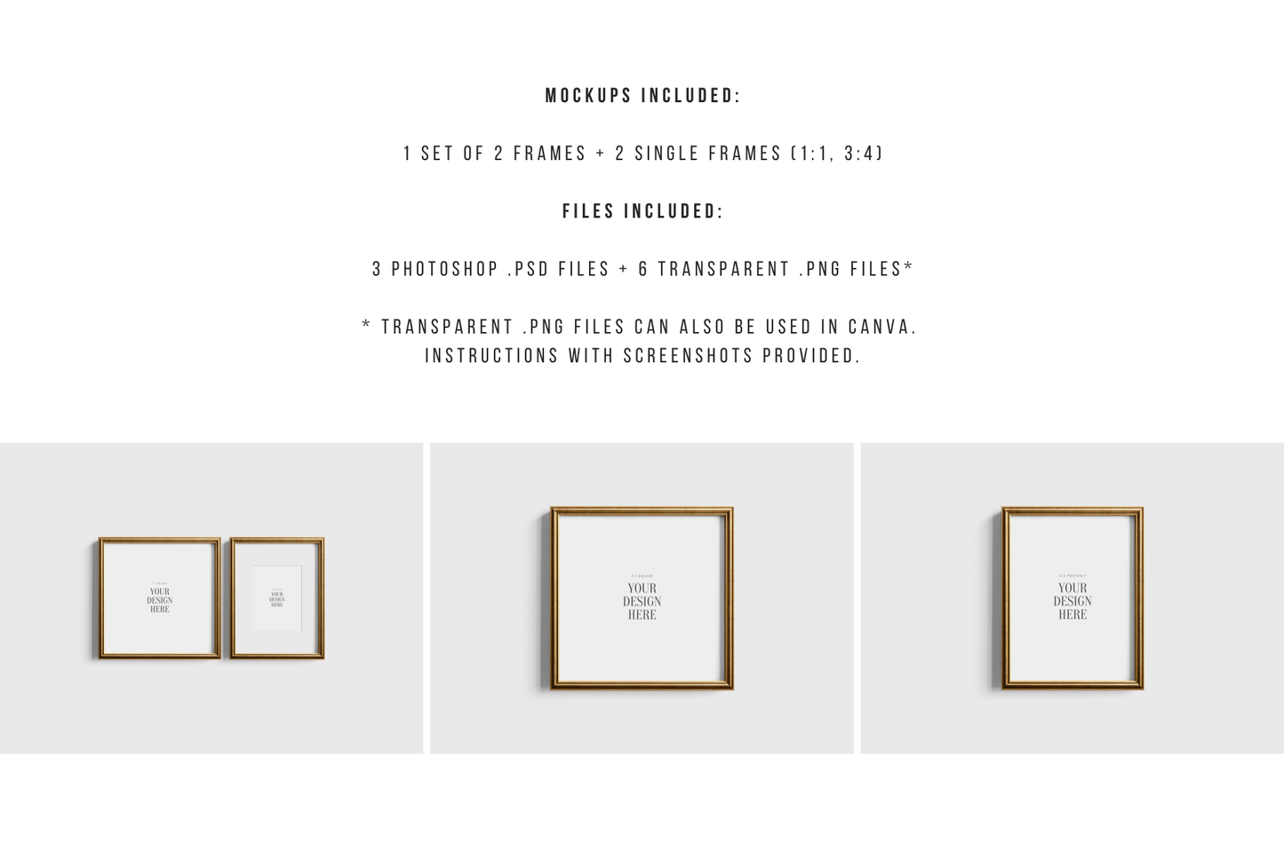 Gold Metallic Frame Mockup Set of 2 Frames 1:1 Square and 3:4 Vertical | Vintage Gold Frame Mockup Set | PSD Template + Transparent PNG Files
