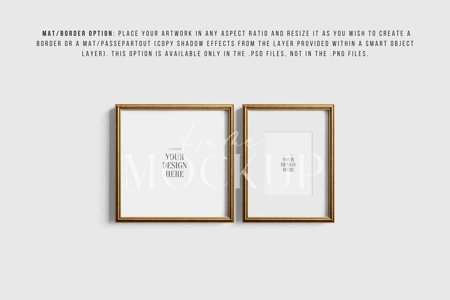 Gold Metallic Frame Mockup Set of 2 Frames 1:1 Square and 3:4 Vertical | Vintage Gold Frame Mockup Set | PSD Template + Transparent PNG Files