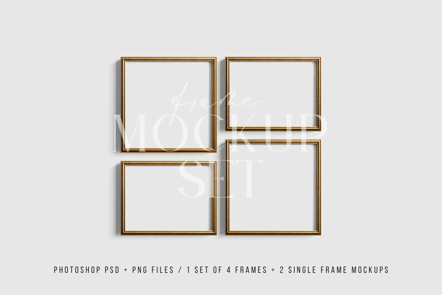 Gold Metallic Gallery Wall Mockup | Frame Mockup Set of 4 Square and Horizontal Frames 1:1, 4:3 | Vintage Gold Frame Mockup Set | PSD Template + Transparent PNG Files