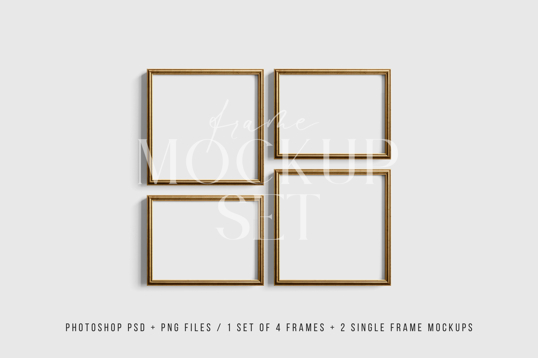 Gold Metallic Gallery Wall Mockup | Frame Mockup Set of 4 Square and Horizontal Frames 1:1, 4:3 | Vintage Gold Frame Mockup Set | PSD Template + Transparent PNG Files