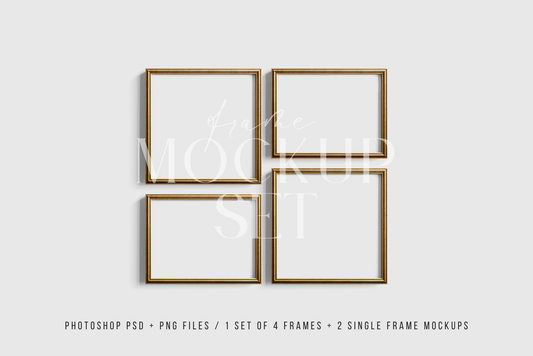 Gold Metallic Gallery Wall Mockup | Frame Mockup Set of 4 Square and Horizontal Frames 1:1, 4:3 | Vintage Gold Frame Mockup Set | PSD Template + Transparent PNG Files