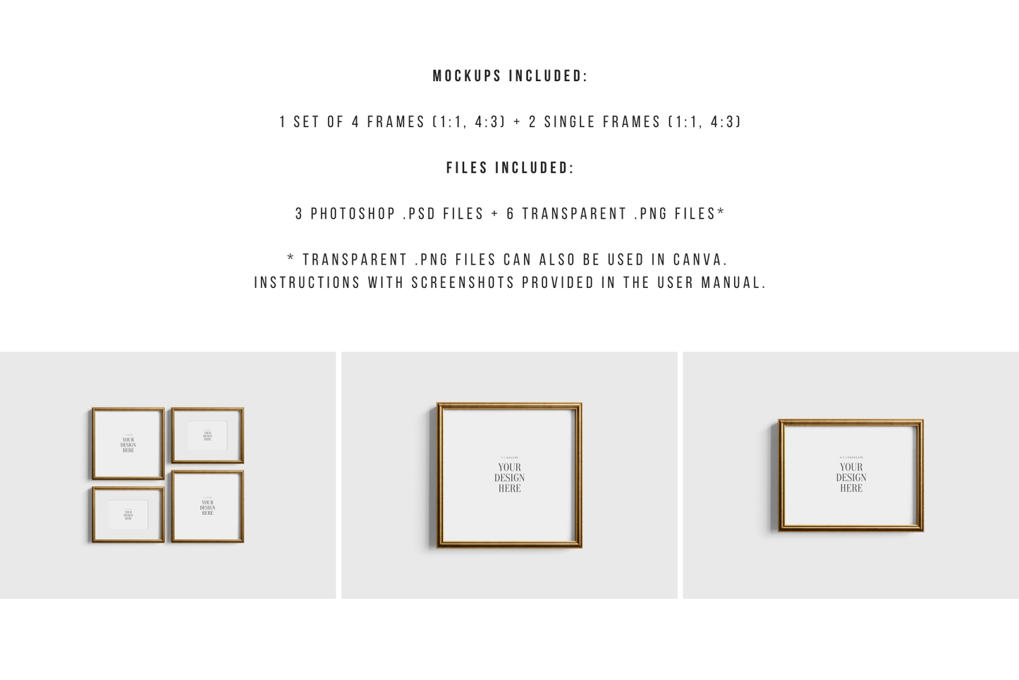 Gold Metallic Gallery Wall Mockup | Frame Mockup Set of 4 Square and Horizontal Frames 1:1, 4:3 | Vintage Gold Frame Mockup Set | PSD Template + Transparent PNG Files