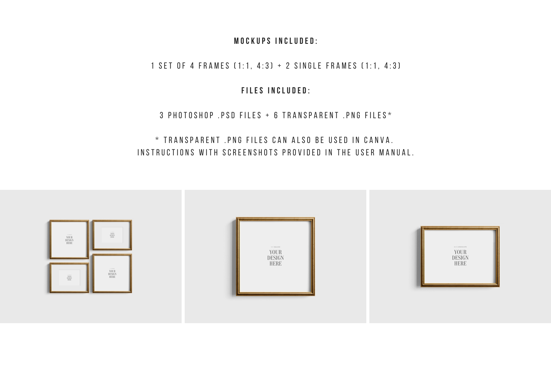 Gold Metallic Gallery Wall Mockup | Frame Mockup Set of 4 Square and Horizontal Frames 1:1, 4:3 | Vintage Gold Frame Mockup Set | PSD Template + Transparent PNG Files