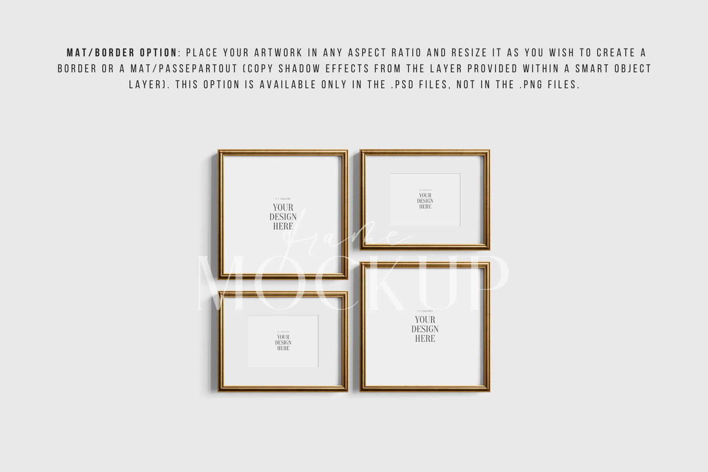 Gold Metallic Gallery Wall Mockup | Frame Mockup Set of 4 Square and Horizontal Frames 1:1, 4:3 | Vintage Gold Frame Mockup Set | PSD Template + Transparent PNG Files