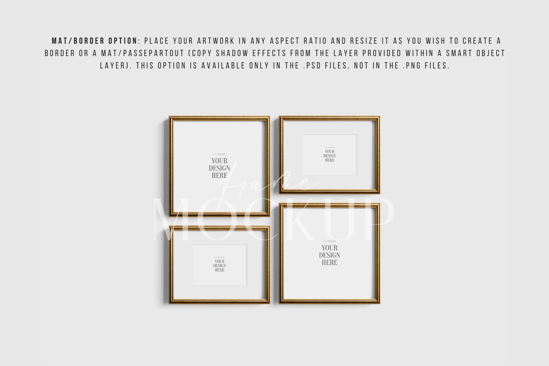 Gold Metallic Gallery Wall Mockup | Frame Mockup Set of 4 Square and Horizontal Frames 1:1, 4:3 | Vintage Gold Frame Mockup Set | PSD Template + Transparent PNG Files