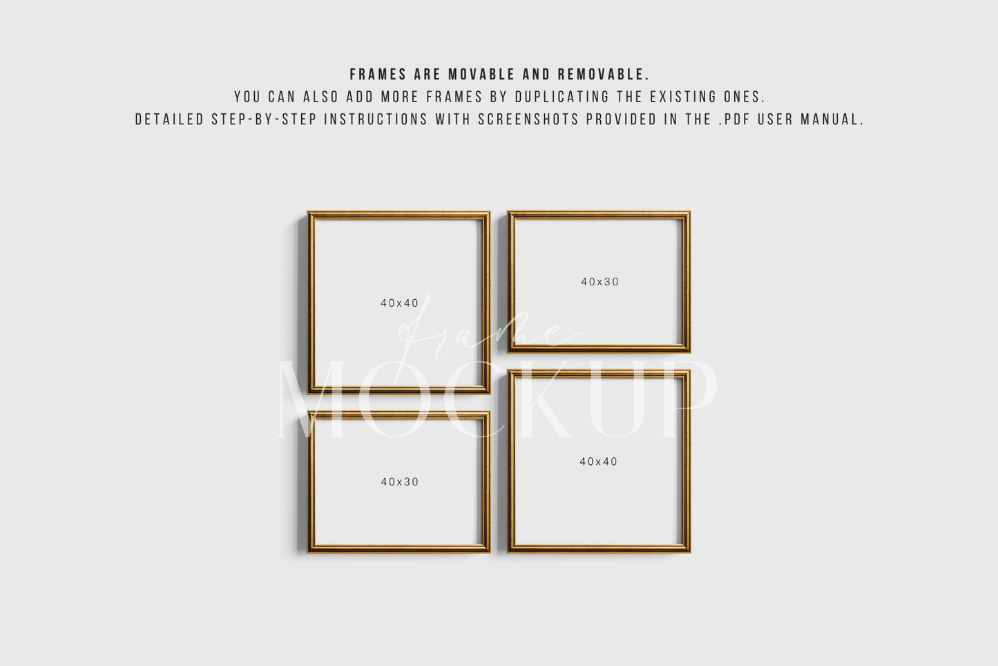 Gold Metallic Gallery Wall Mockup | Frame Mockup Set of 4 Square and Horizontal Frames 1:1, 4:3 | Vintage Gold Frame Mockup Set | PSD Template + Transparent PNG Files