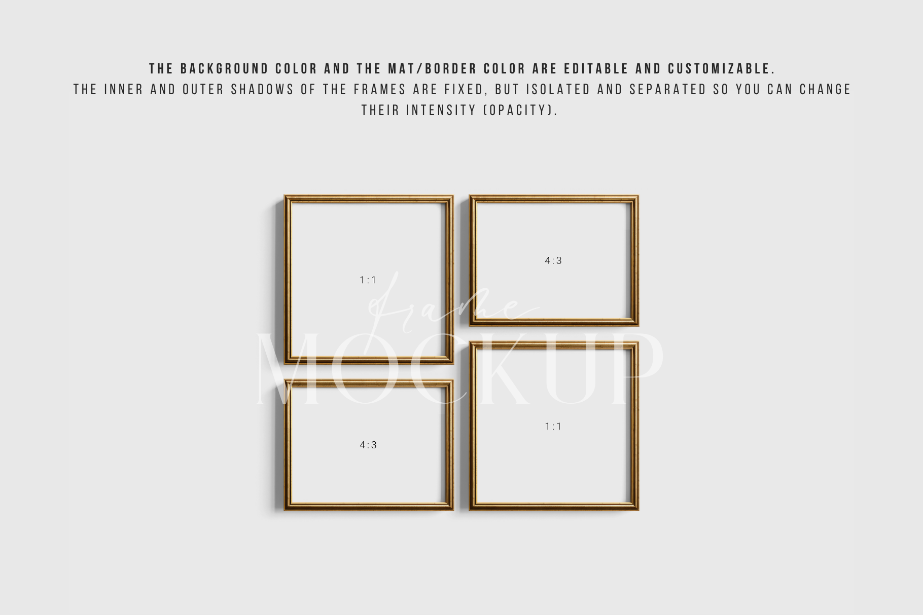 Gold Metallic Gallery Wall Mockup | Frame Mockup Set of 4 Square and Horizontal Frames 1:1, 4:3 | Vintage Gold Frame Mockup Set | PSD Template + Transparent PNG Files