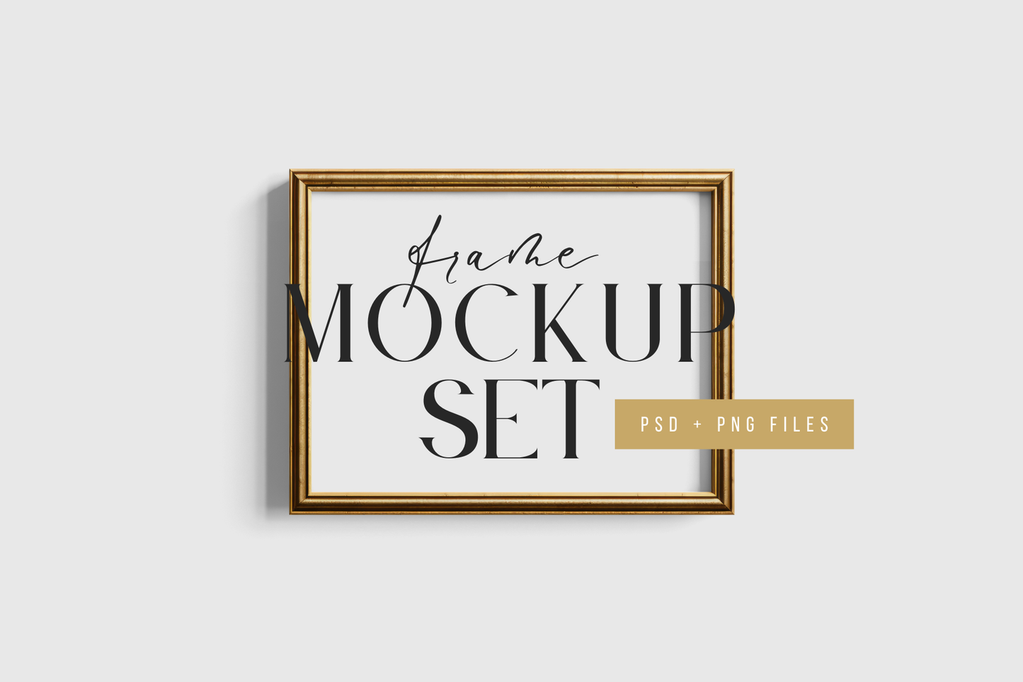 Gold Metallic Gallery Wall Mockup | Frame Mockup Set of 4 Square and Horizontal Frames 1:1, 4:3 | Vintage Gold Frame Mockup Set | PSD Template + Transparent PNG Files