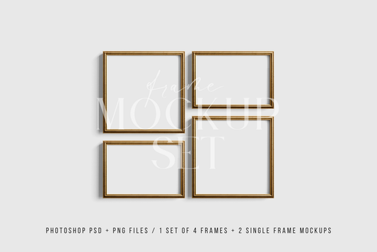 Gold Metallic Gallery Wall Mockup | Frame Mockup Set of 4 Square and Horizontal Frames 1:1, 3:2 | Vintage Gold Frame Mockup Set | PSD Template + Transparent PNG Files