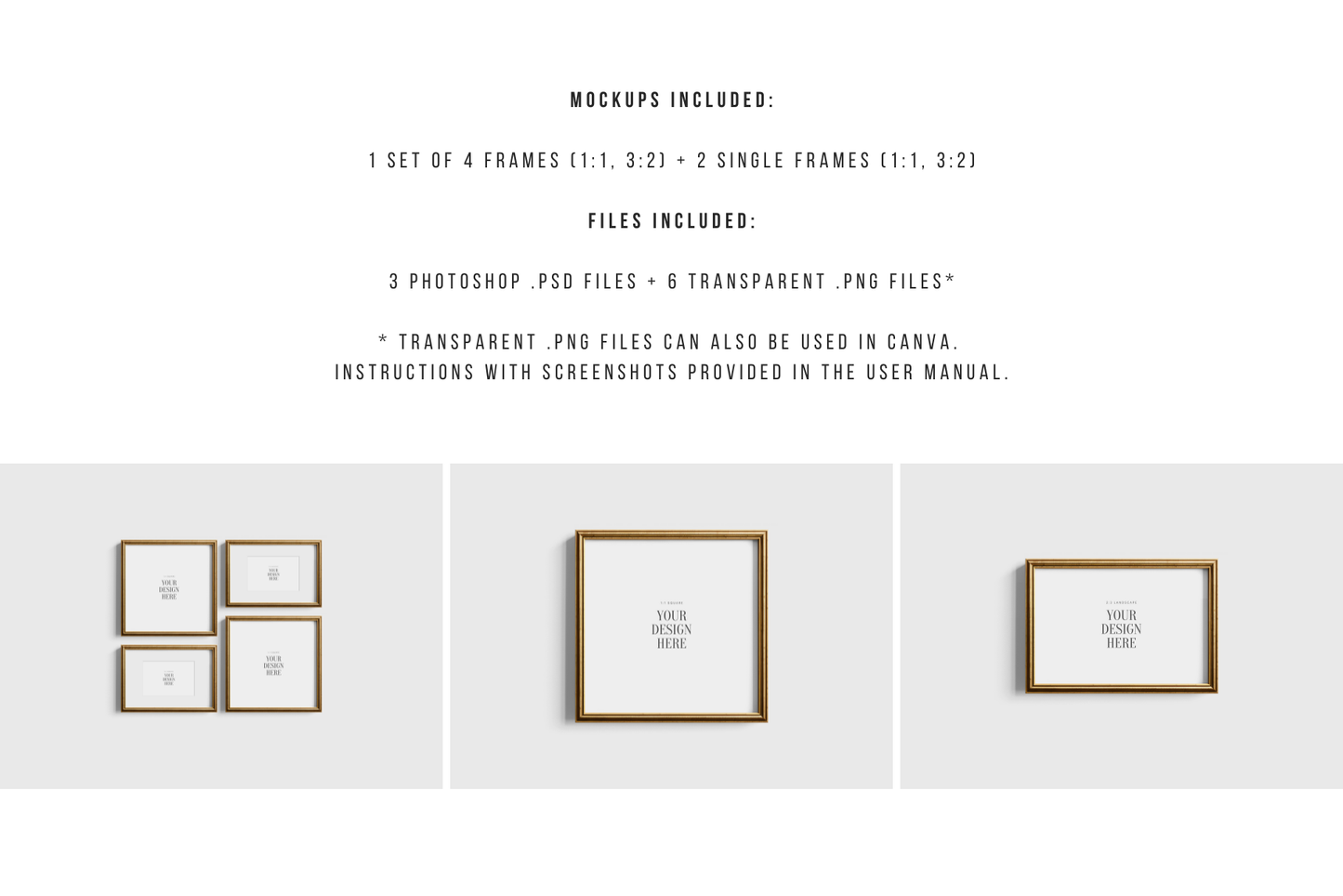 Gold Metallic Gallery Wall Mockup | Frame Mockup Set of 4 Square and Horizontal Frames 1:1, 3:2 | Vintage Gold Frame Mockup Set | PSD Template + Transparent PNG Files