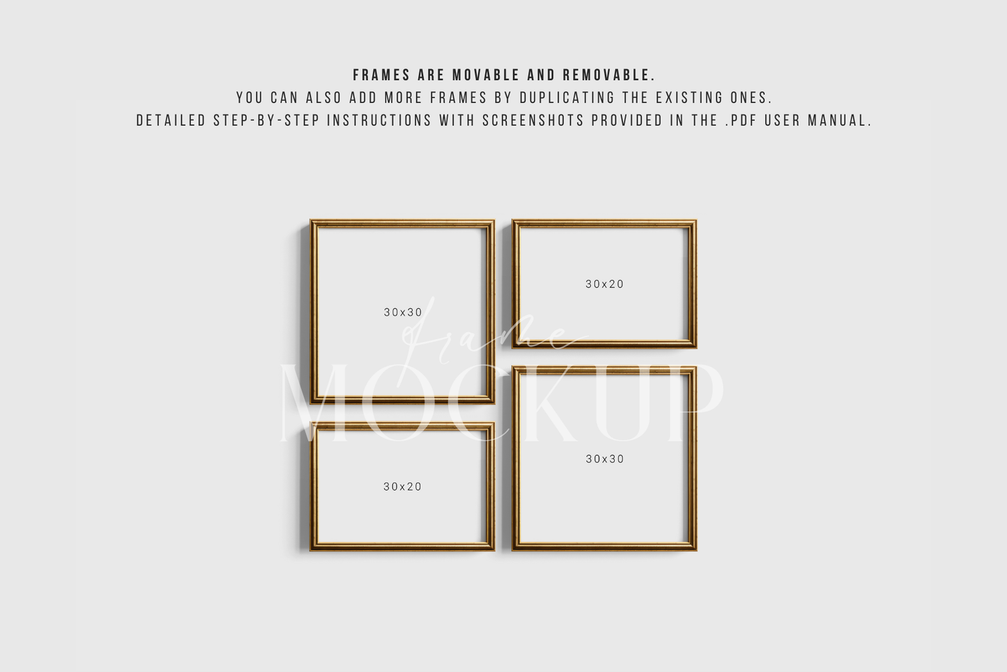 Gold Metallic Gallery Wall Mockup | Frame Mockup Set of 4 Square and Horizontal Frames 1:1, 3:2 | Vintage Gold Frame Mockup Set | PSD Template + Transparent PNG Files