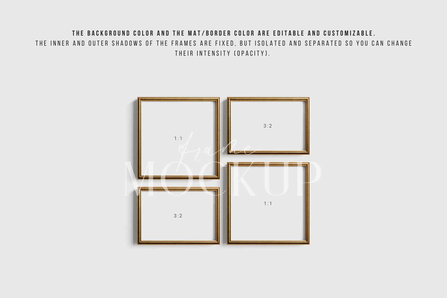 Gold Metallic Gallery Wall Mockup | Frame Mockup Set of 4 Square and Horizontal Frames 1:1, 3:2 | Vintage Gold Frame Mockup Set | PSD Template + Transparent PNG Files