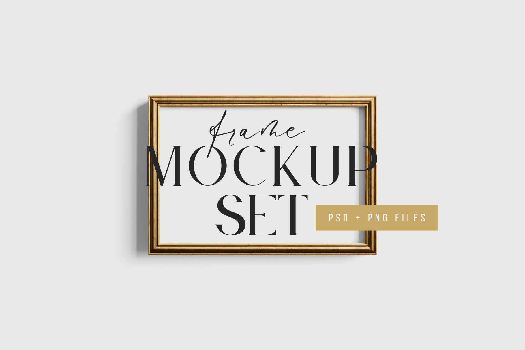 Gold Metallic Gallery Wall Mockup | Frame Mockup Set of 4 Square and Horizontal Frames 1:1, 3:2 | Vintage Gold Frame Mockup Set | PSD Template + Transparent PNG Files
