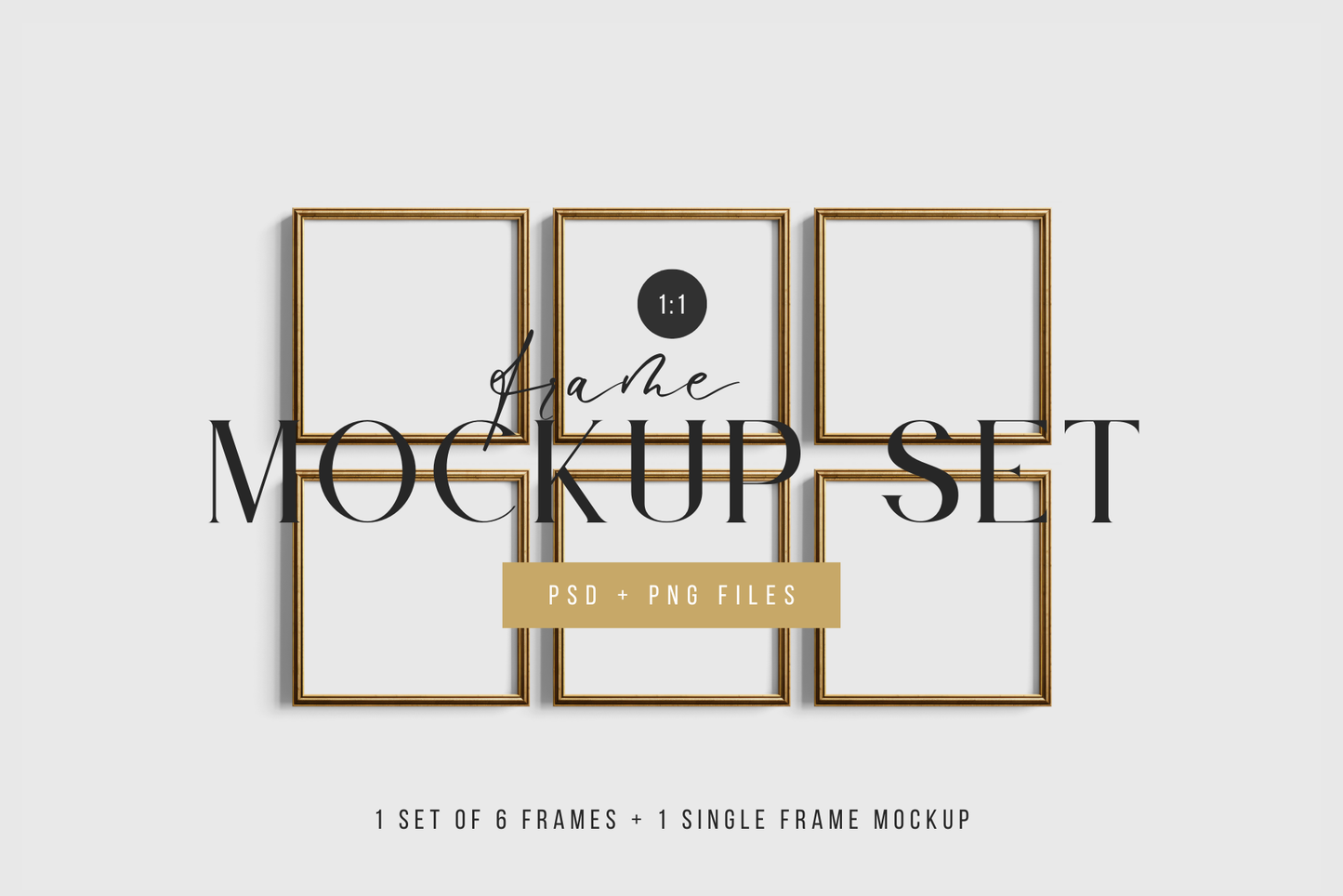 Gold Metallic Frame Mockup Set of 6 Square Frames 1:1 | Gold Frame Mockup Set | PSD Template + Transparent PNG Files
