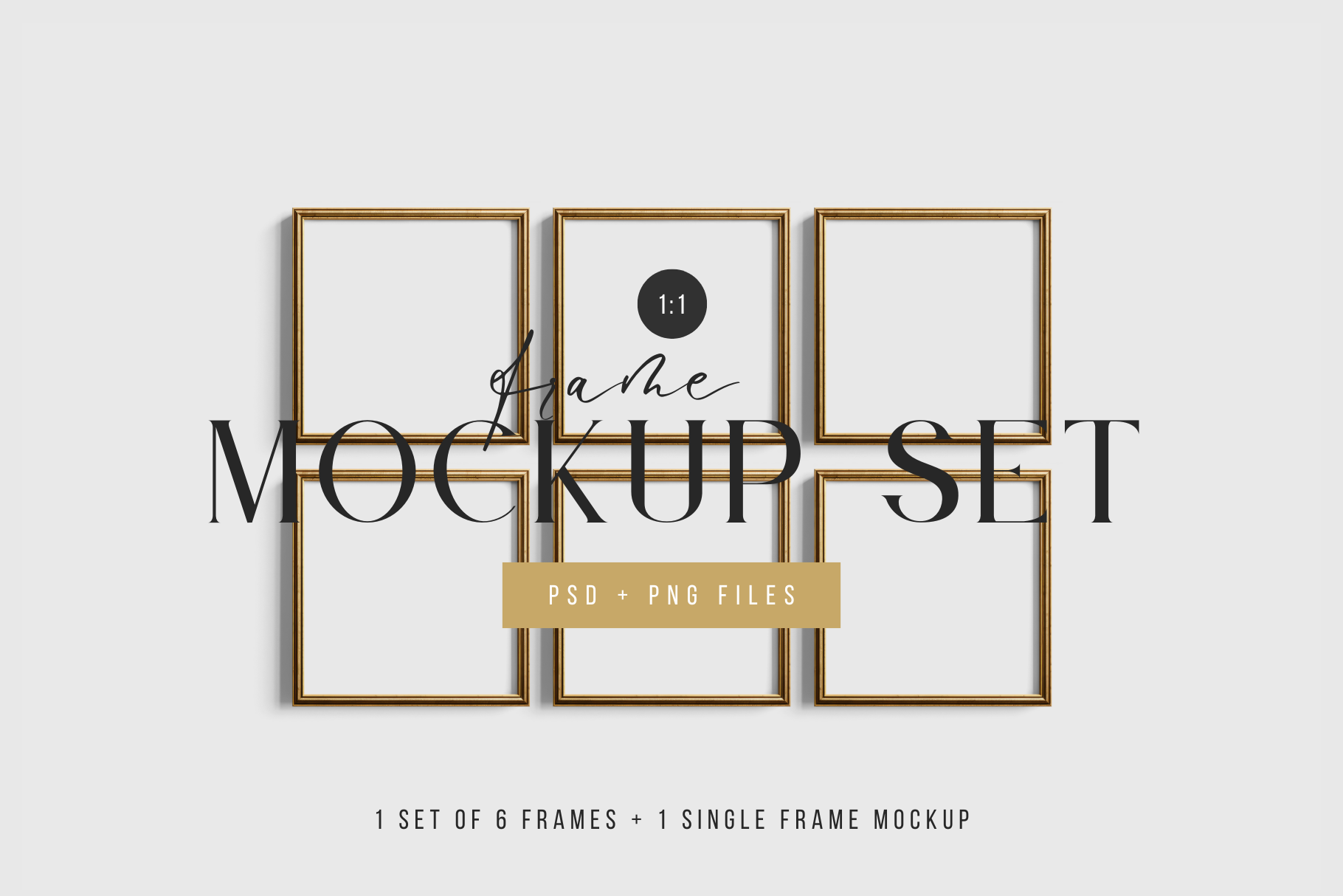 Gold Metallic Frame Mockup Set of 6 Square Frames 1:1 | Gold Frame Mockup Set | PSD Template + Transparent PNG Files