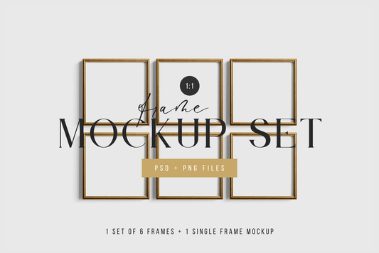 Gold Metallic Frame Mockup Set of 6 Square Frames 1:1 | Gold Frame Mockup Set | PSD Template + Transparent PNG Files