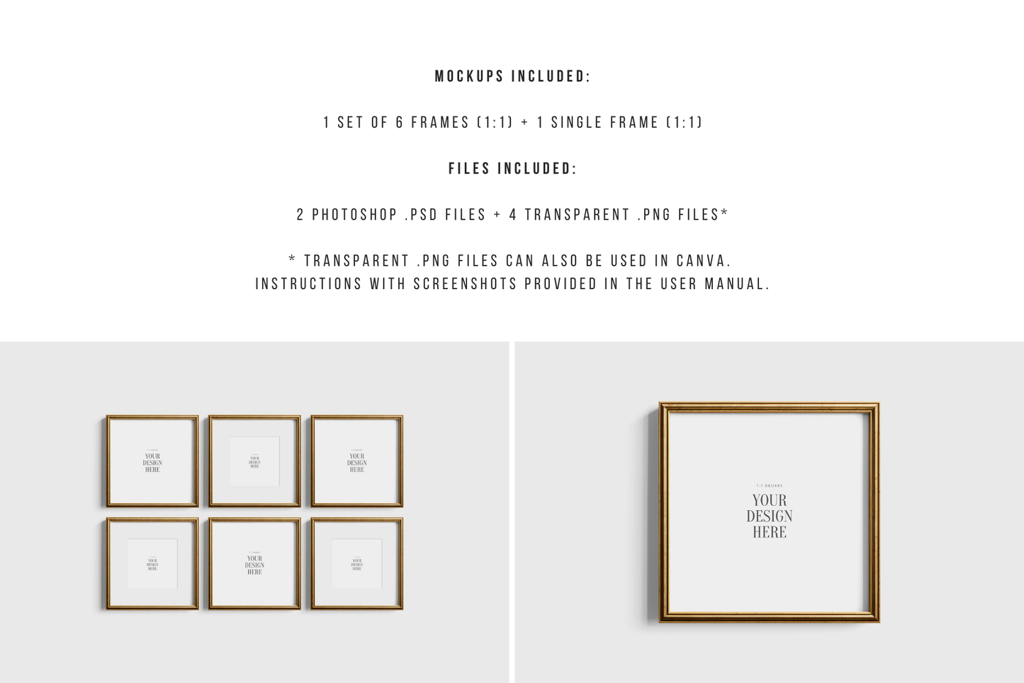 Gold Metallic Frame Mockup Set of 6 Square Frames 1:1 | Gold Frame Mockup Set | PSD Template + Transparent PNG Files