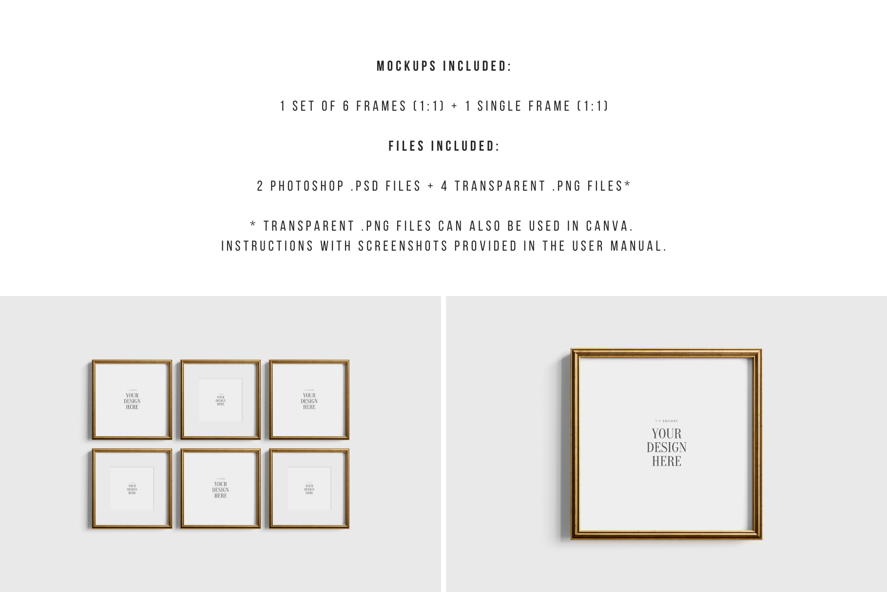 Gold Metallic Frame Mockup Set of 6 Square Frames 1:1 | Gold Frame Mockup Set | PSD Template + Transparent PNG Files