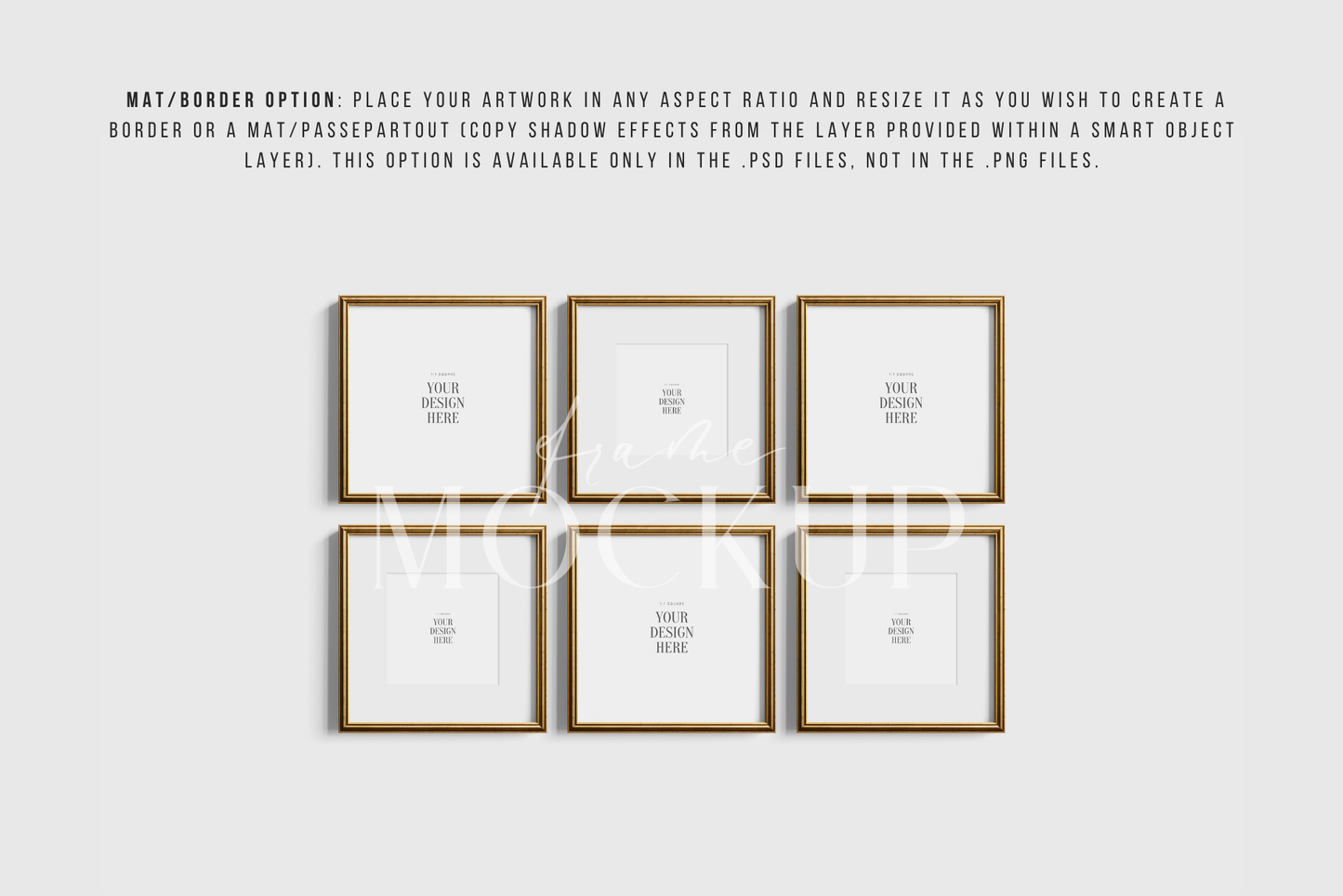 Gold Metallic Frame Mockup Set of 6 Square Frames 1:1 | Gold Frame Mockup Set | PSD Template + Transparent PNG Files