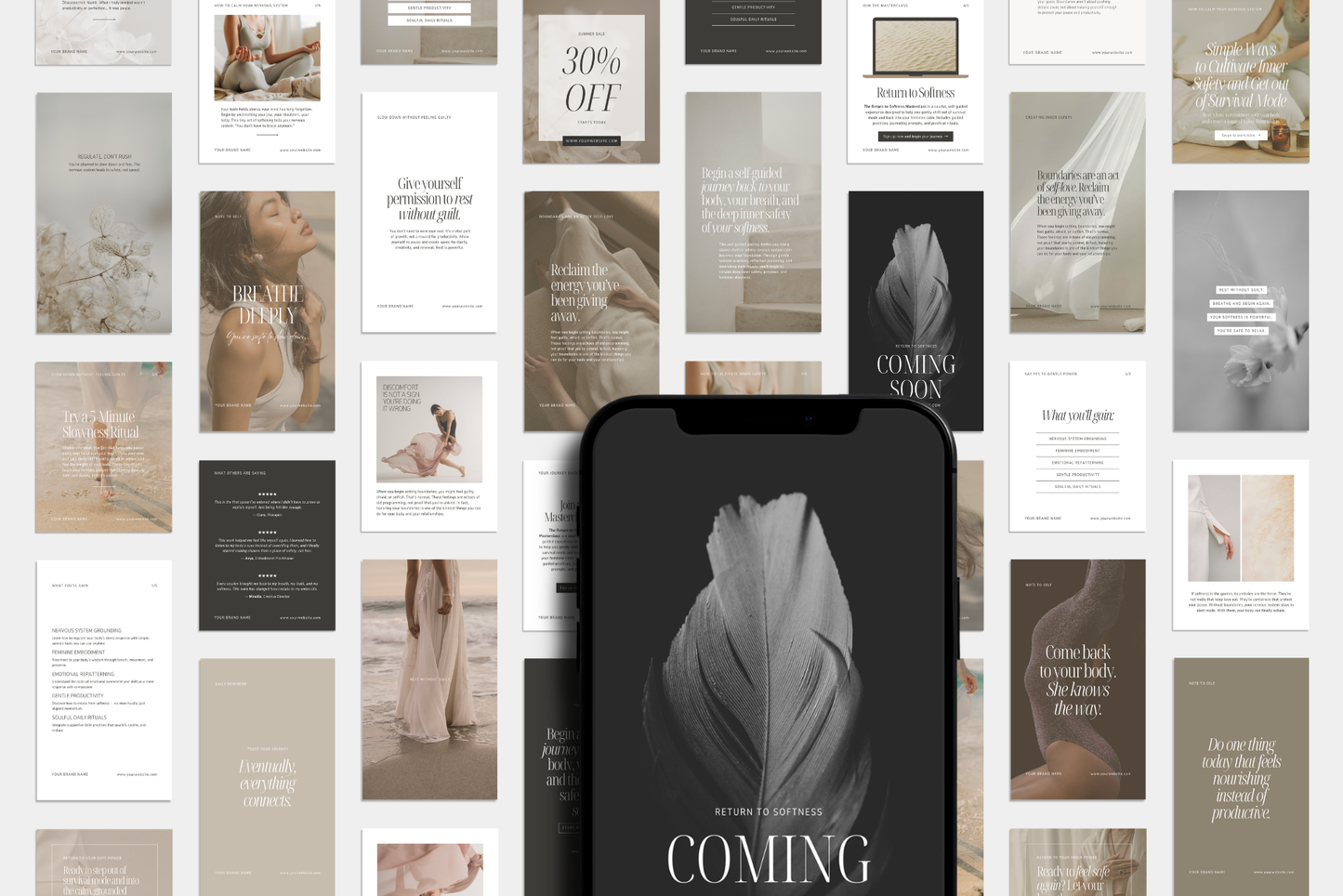 AKAELIS social media Canva templates. Feminine, neutral aesthetic Instagram posts and stories for wellness, fashion, beauty, and women oriented businesses.