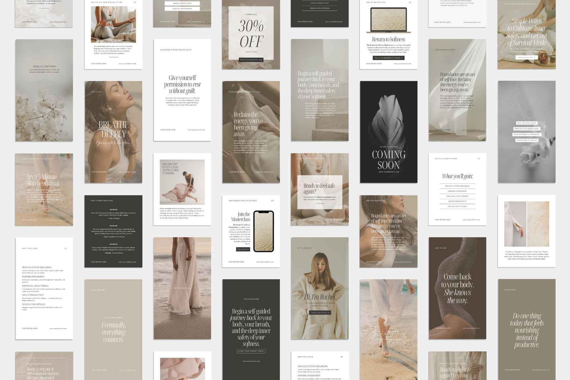 Feminine, neutral aesthetic Instagram posts and stories for wellness, fashion, beauty, and women oriented businesses. AKAELIS social media Canva templates. 