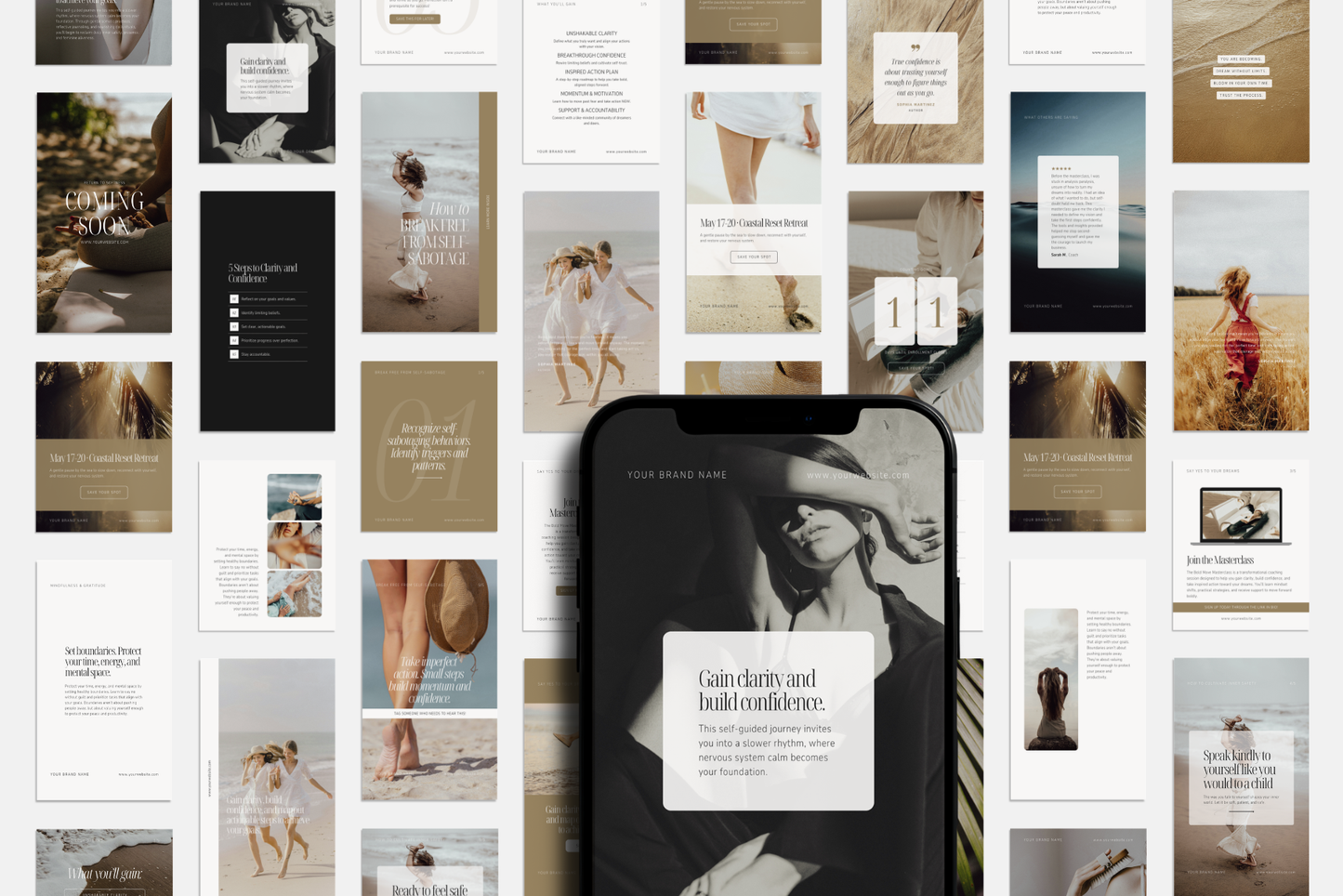 AURELLE wellness coach social media Canva templates. Modern, feminine Instagram posts and stories designed for wellness coaches, mentors, practitioners, and retreat leaders. Clean, airy layouts, warm neutral tones, and refined editorial typography.
