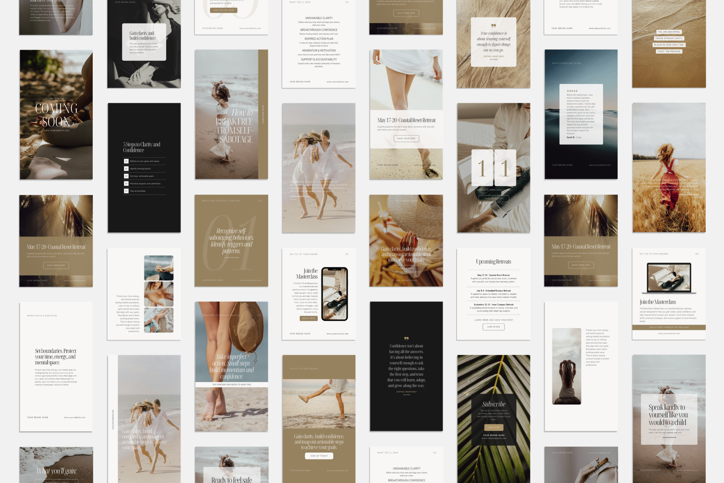 Modern, feminine Instagram posts and stories designed for wellness coaches, mentors, practitioners, and retreat leaders. AURELLE wellness coach social media Canva templates featuring clean, airy layouts, warm neutral tones, and refined editorial typography.
