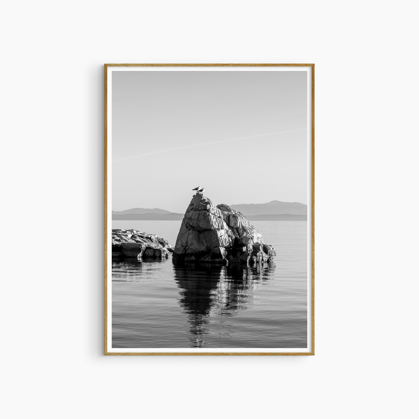 Minimalist seascape print, black and white seagull wall art, dramatic coastal photography printable