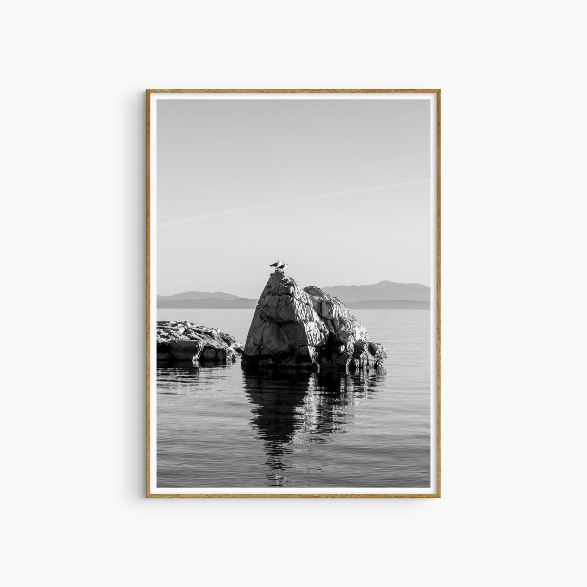 Minimalist seascape print, black and white seagull wall art, dramatic coastal photography printable