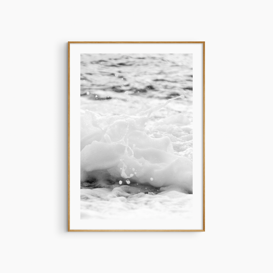 Black and white sea foam photography print, abstract ocean wall art, close-up wave print