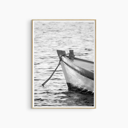 Minimalist nautical photography print, black and white fishing boat wall art, Mediterranean sea print