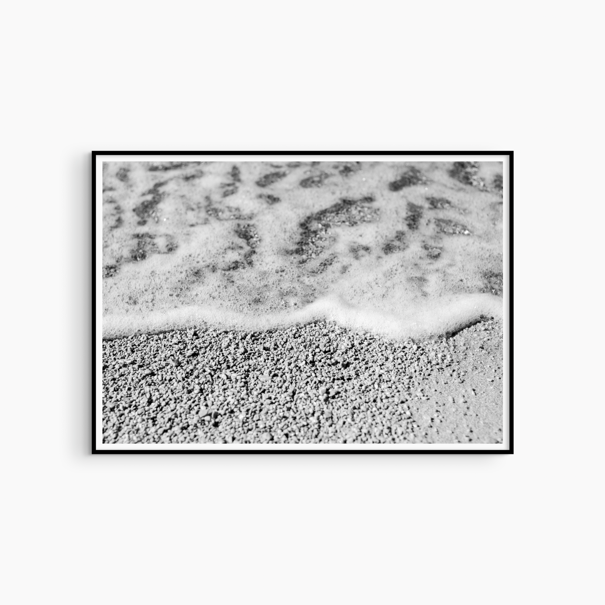 Sea foam and pebble shore photography print, black and white coastal wall art, minimalist beach print