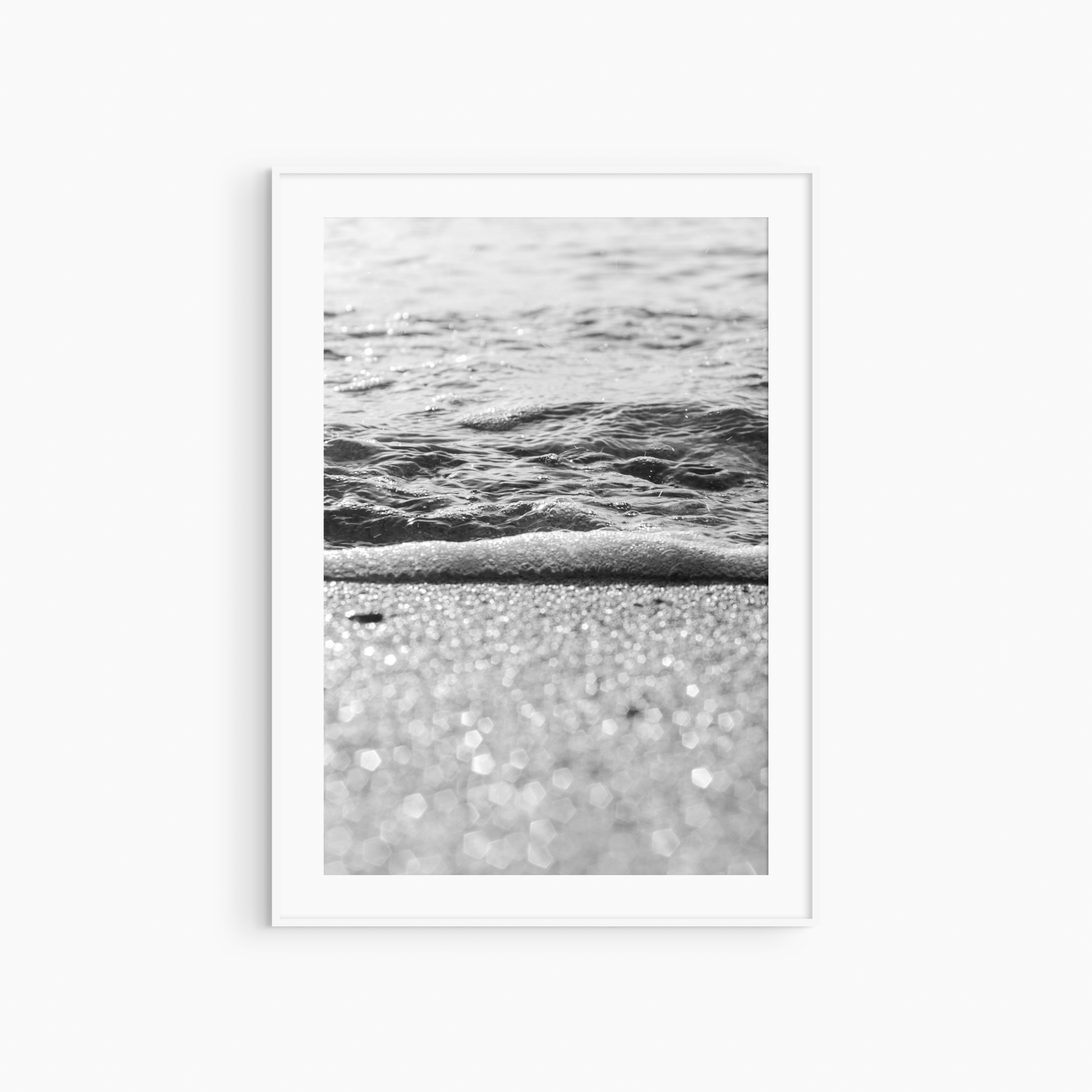 Black and white shoreline photography print, sparkling wet sand beach wall art, coastal light print