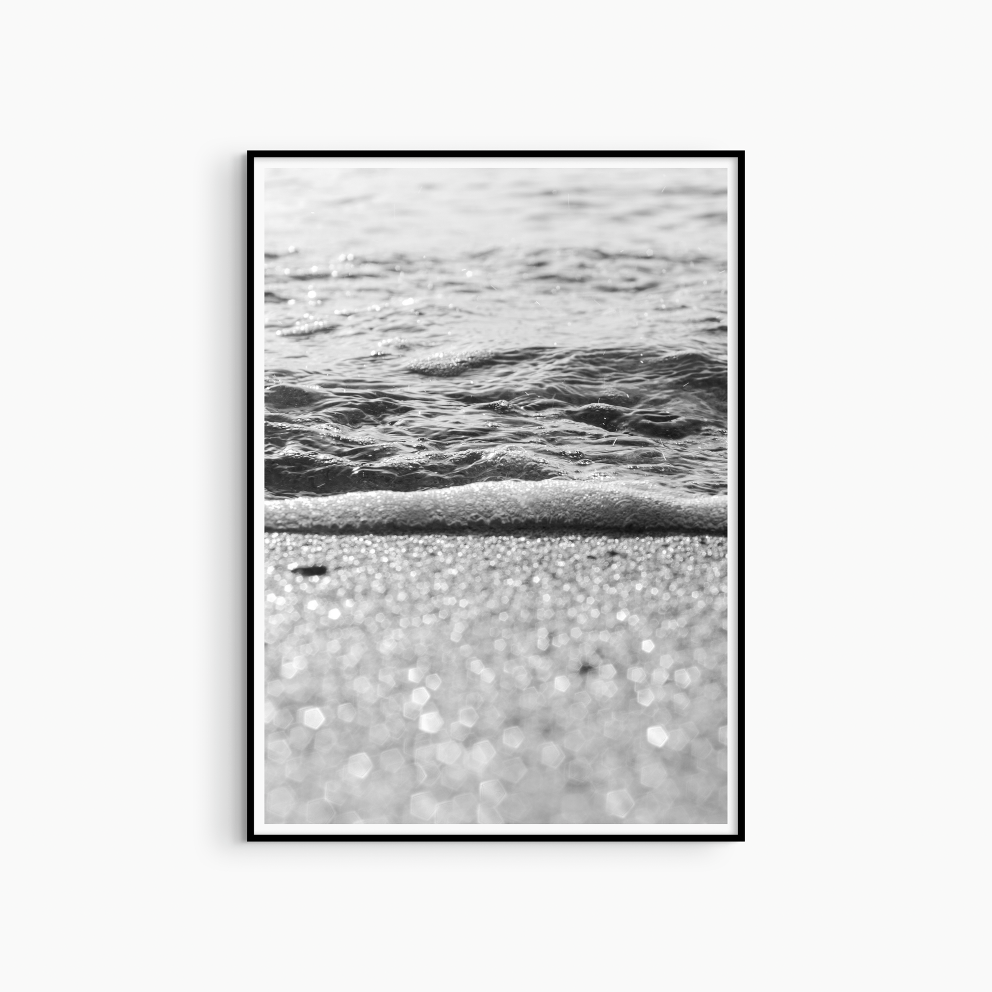 Printable beach photography, black and white wet sand wall art, luminous coastal shore print