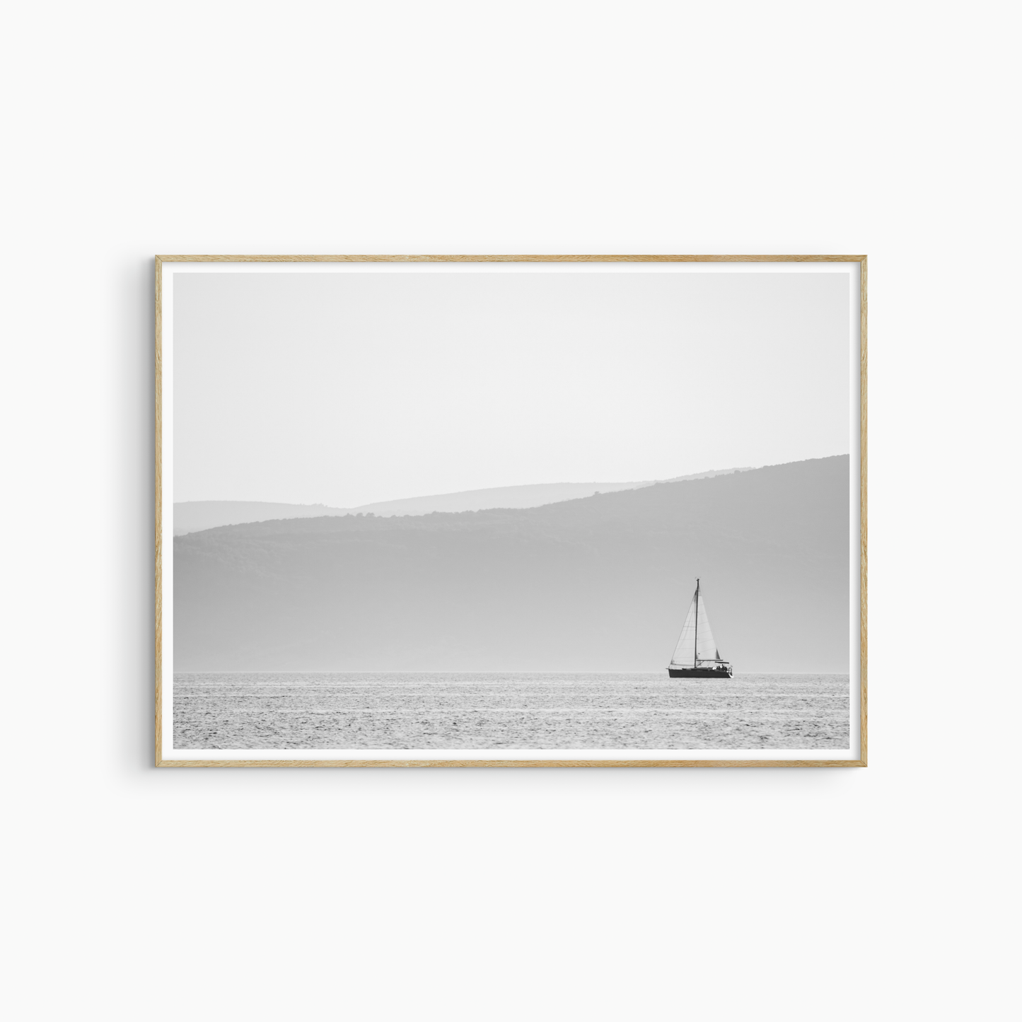 Minimalist sailboat print, black and white nautical wall art, hazy islands and sea photography
