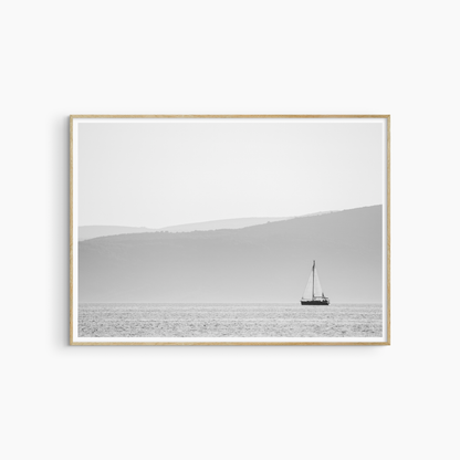 Minimalist sailboat print, black and white nautical wall art, hazy islands and sea photography