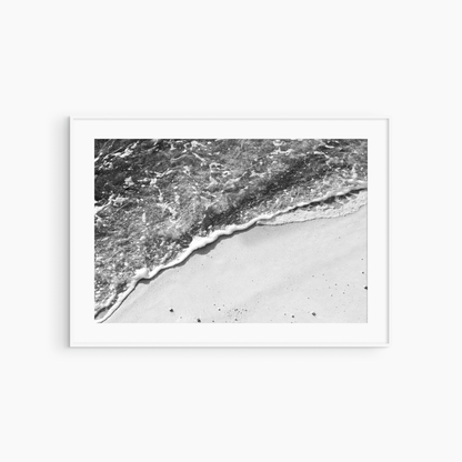 Overhead beach photography print, black and white foam and sand wall art, minimalist shore print