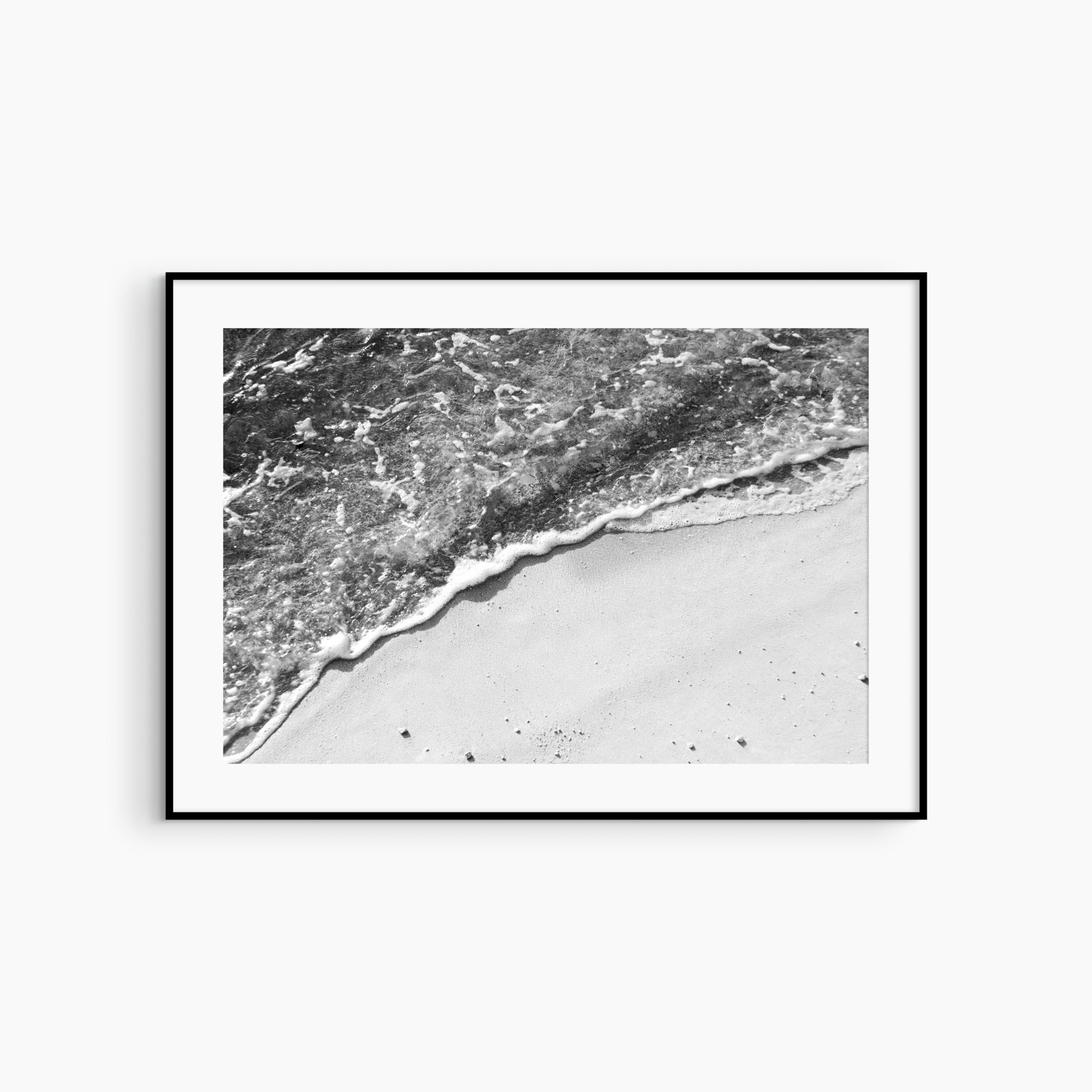 Black and white beach shore photography print, diagonal foam line coastal wall art, sand and sea print