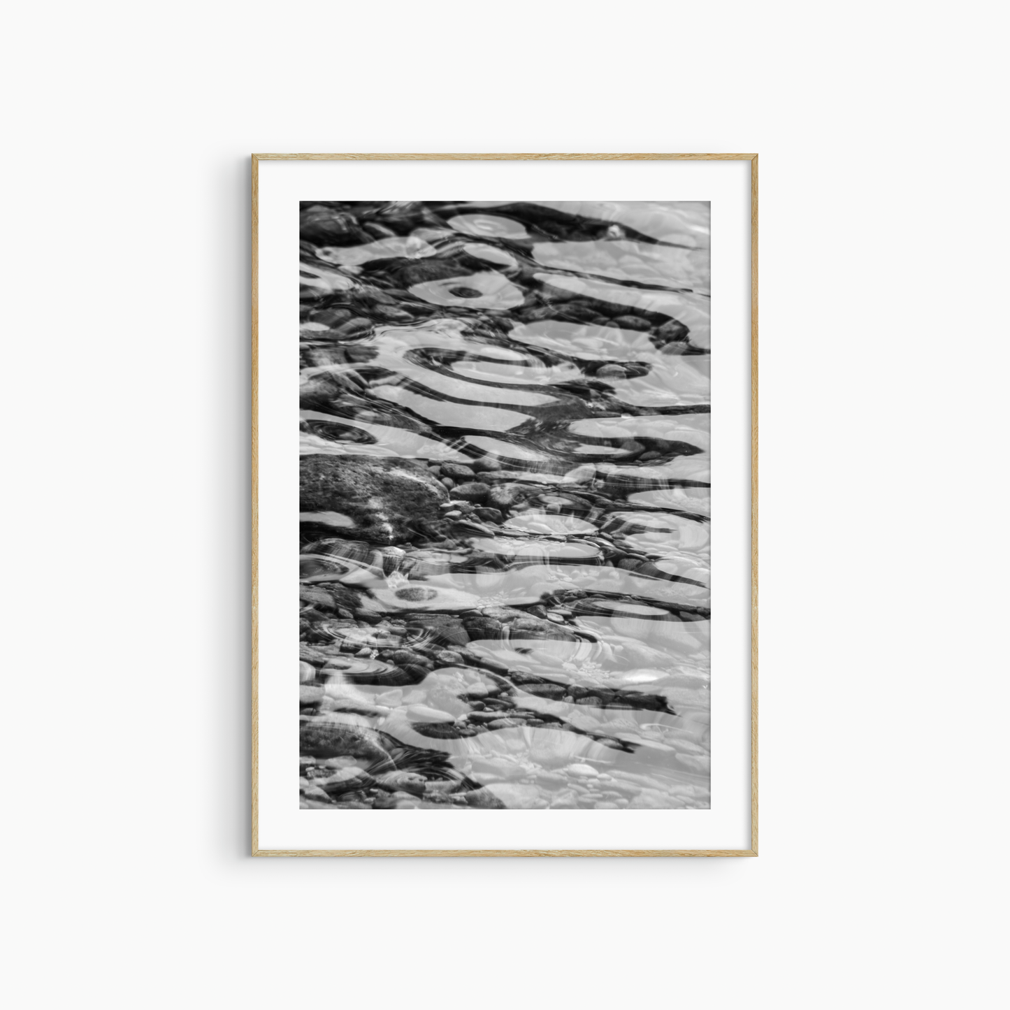 Black and white water and pebbles photography print, abstract coastal wall art, rippling water print