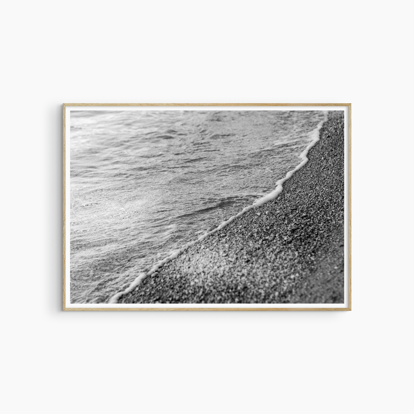 Minimalist shoreline photography printable, black and white pebble beach wall art, diagonal shore print