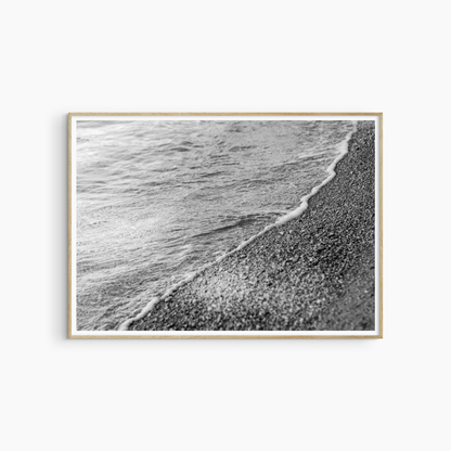 Minimalist shoreline photography printable, black and white pebble beach wall art, diagonal shore print