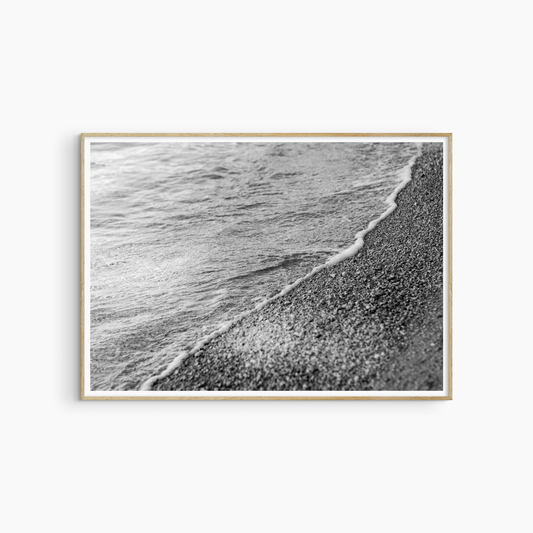 Minimalist shoreline photography printable, black and white pebble beach wall art, diagonal shore print