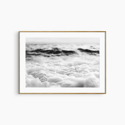 Black and white sea foam photography print, airy coastal wall art, soft wave and sky print