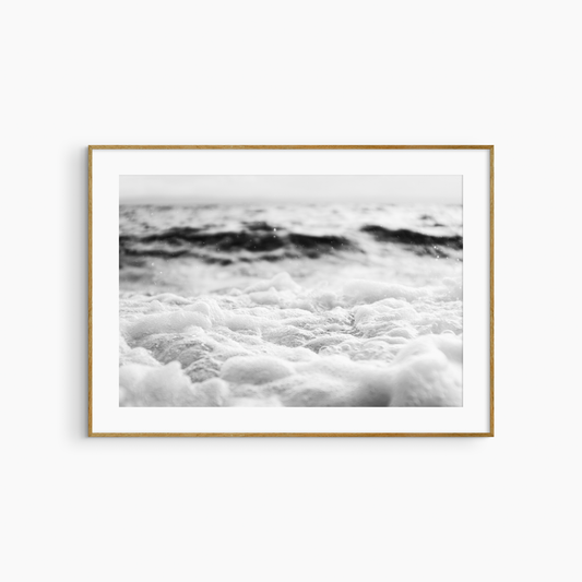 Black and white sea foam photography print, airy coastal wall art, soft wave and sky print