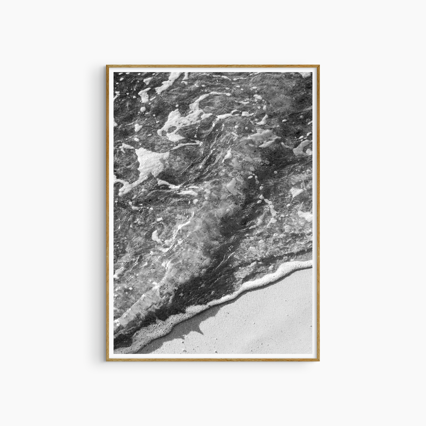 Black and white shoreline photography print, foamy water and sand coastal wall art, beach texture print