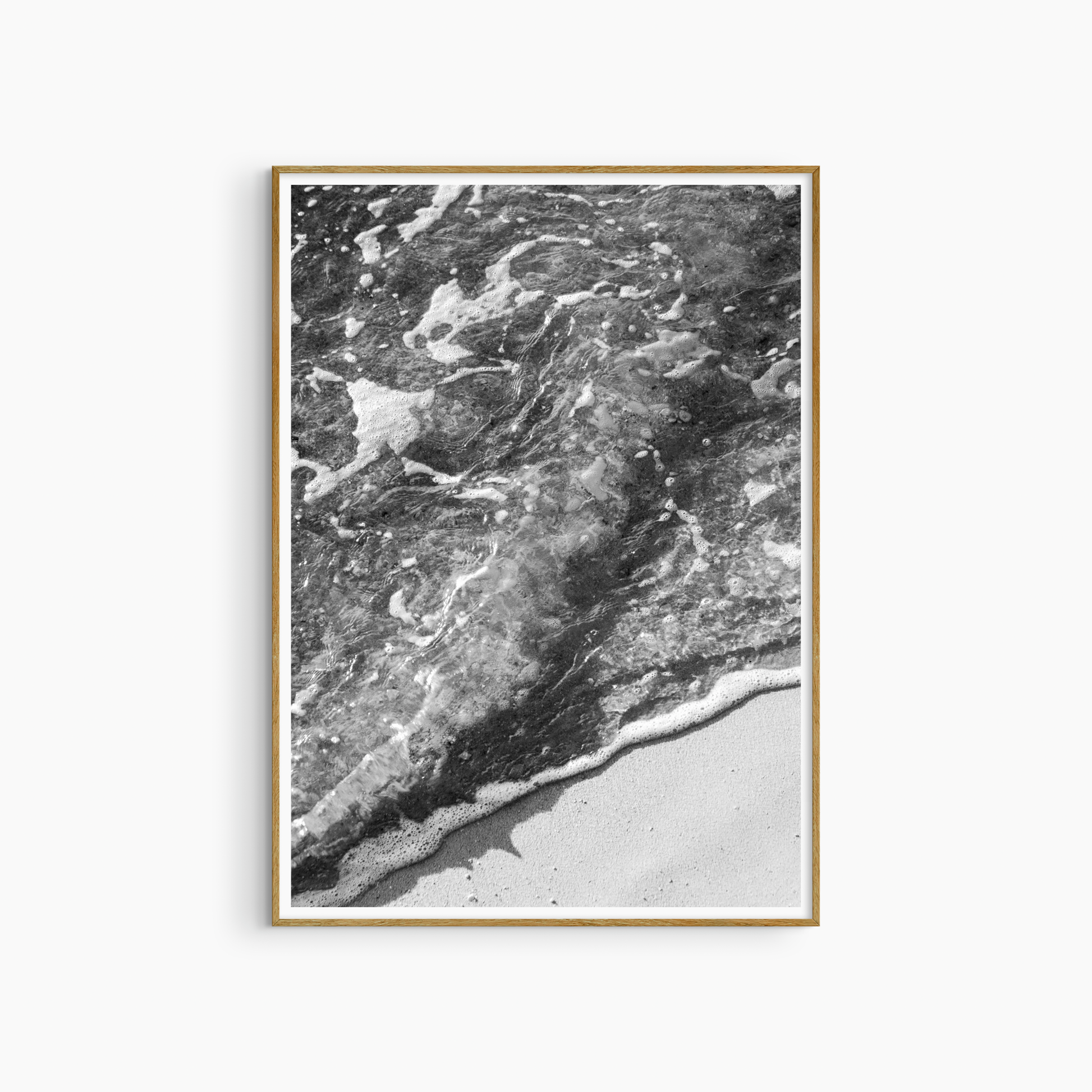 Black and white shoreline photography print, foamy water and sand coastal wall art, beach texture print