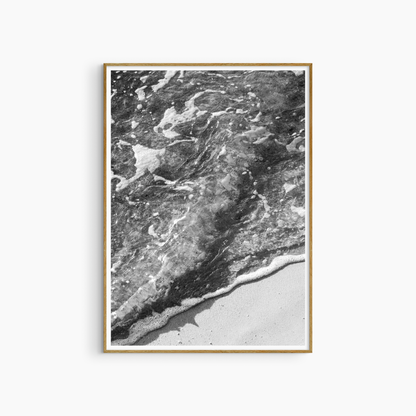Black and white shoreline photography print, foamy water and sand coastal wall art, beach texture print