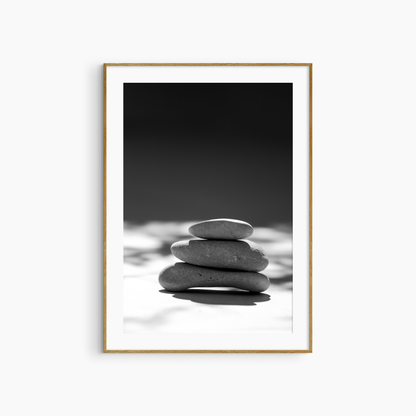 Black and white stacked stones photography print, minimalist coastal wall art, pebble balance print